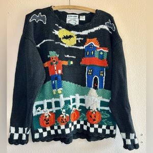 Vintage handmade Halloween sweater. Pumpkins, bats haunted house size medium